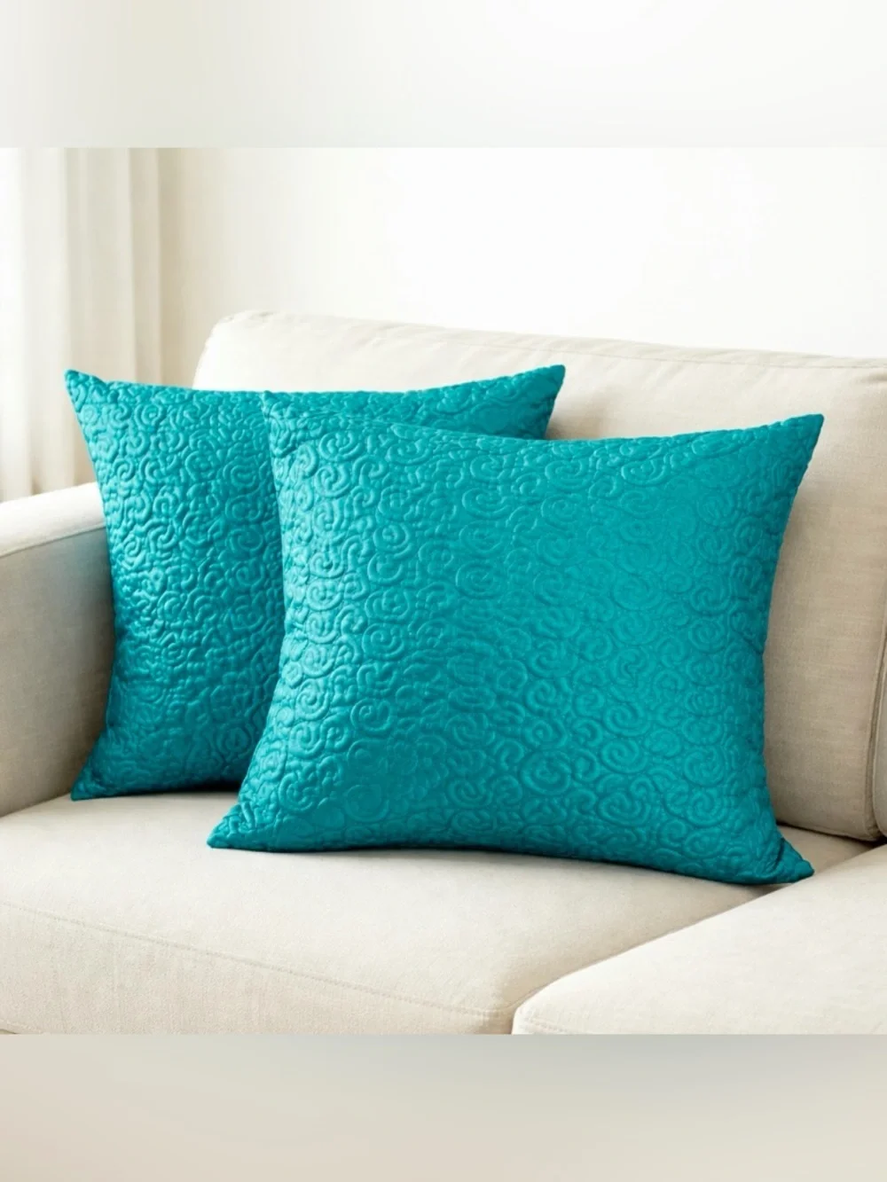 Teal Quilted Throw Pillow Set 19x19 Textured Swirl Accent Pair